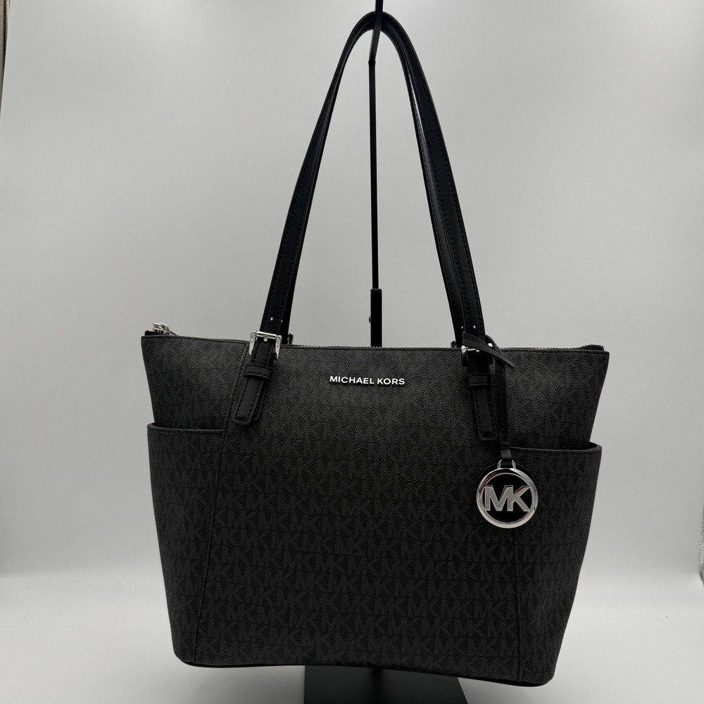 Michael Kors Jet Set East West Tote Bag Black Signature Logo Silver Hardware